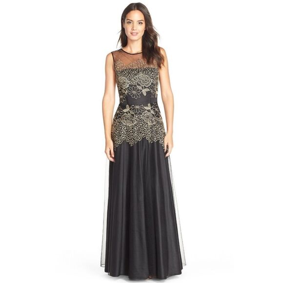 New! TAHARI ASL Women's Floral Embroidered Illusion Gown Black Gold Sleeveless - Picture 1 of 7